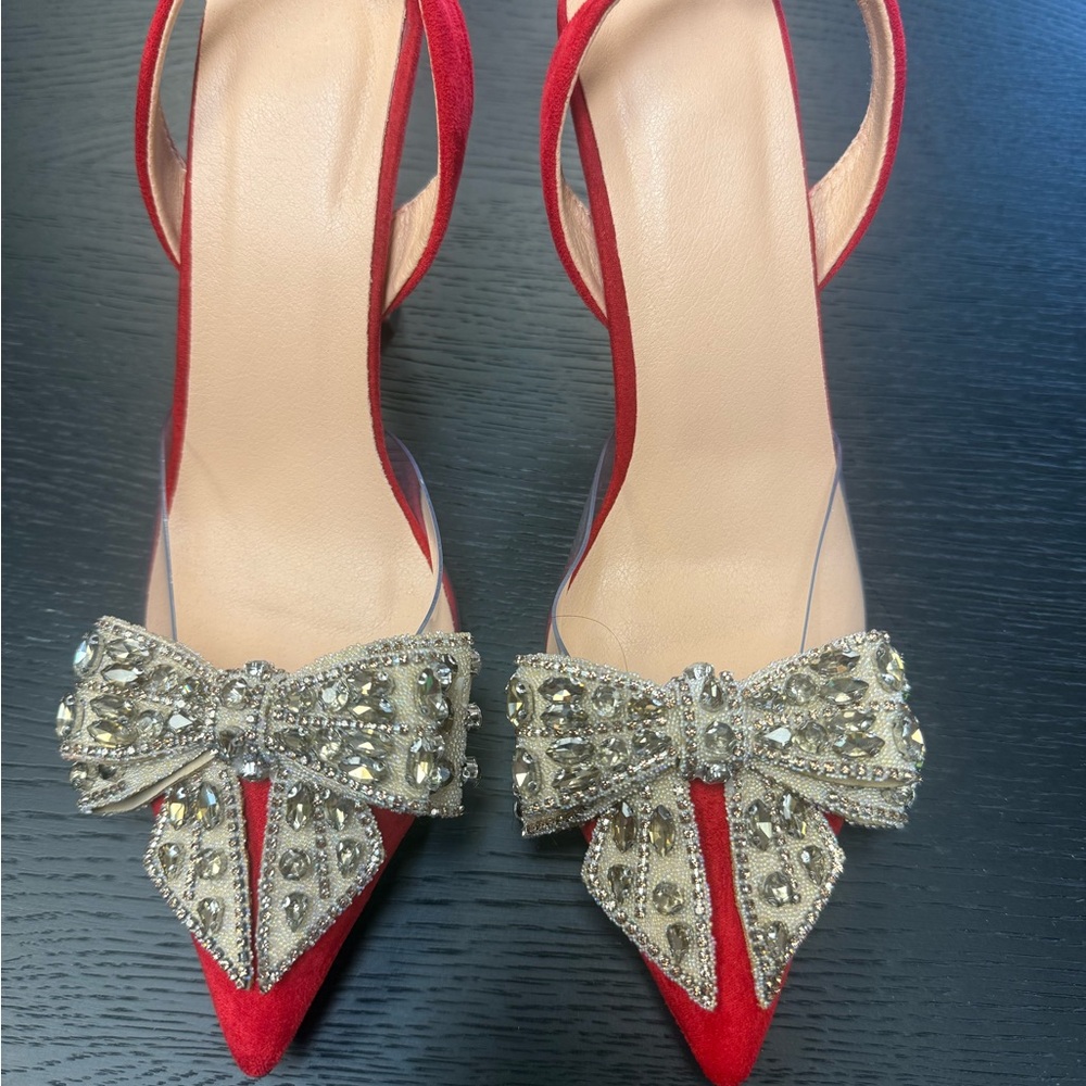 Red Jeweled Bow Pointed Toe Slingback Heels❤️